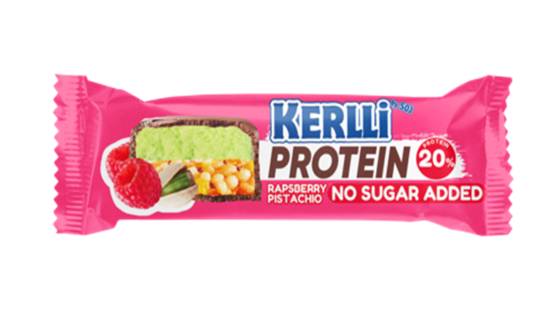 Протеиновый батончик глазированный злаковый KERLLI со вкусом малина и фисташка без сахара (40г)